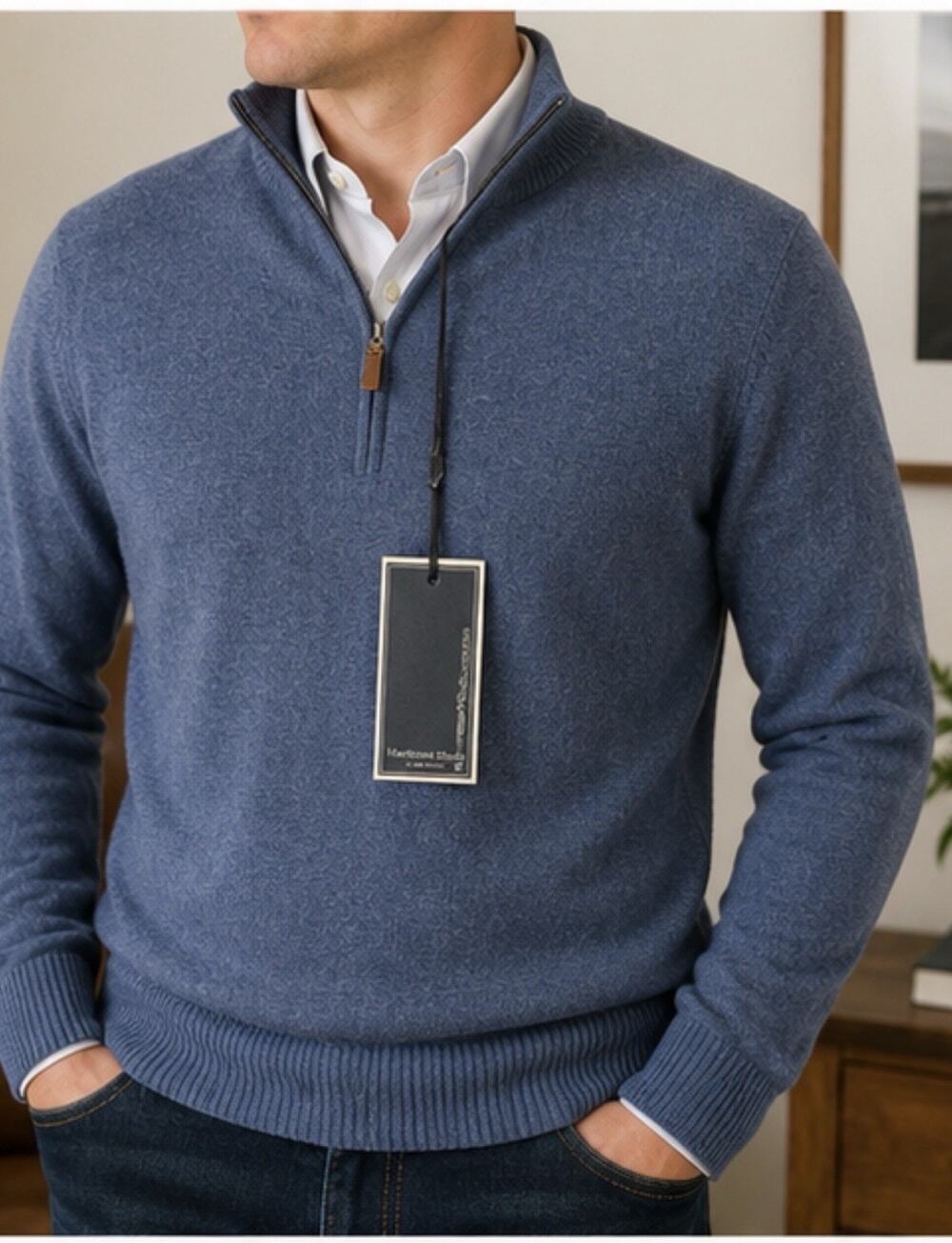 Mantovani Studio Men’s XL 100% Italian Cashmere Quarter Zip Sweater NWT Blue